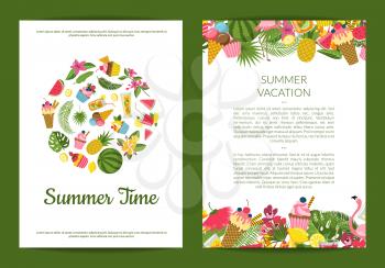 Vector flat cute summer elements, cocktails, flamingo, palm leaves card or flyer template illustration