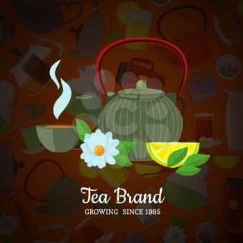 Vector cartoon tea kettles and cups background with place for text illustration. Tea cup and kettle teapot, breakfast hot beverage