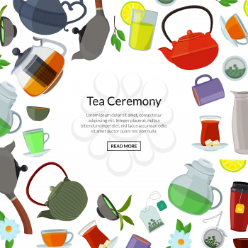 Vector cartoon tea kettles and cups background with place for text illustration. Banner and poster