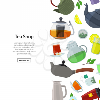 Vector cartoon colored tea kettles and cups of set background with place for text illustration