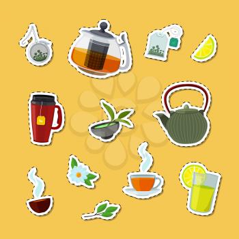 Vector colored cartoon tea kettles and cups stickers of set illustration
