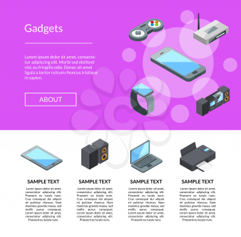 Vector isometric gadgets icons landing page template with text info illustration
