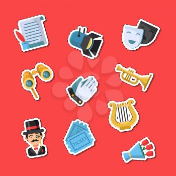 Vector flat theatre icons stickers set illustration isolated on red background