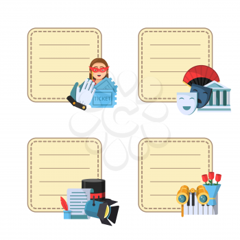 Vector flat theatre icons stickers with place for notes text set illustration