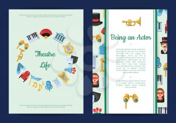 Vector flat banner with theatre icons card or flyer template illustration