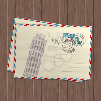 Vector vintage style letters with leaning tower of pisa, marks and stamps of italy and place for text on wooden texture background. Postal mark letter on wood table illustration