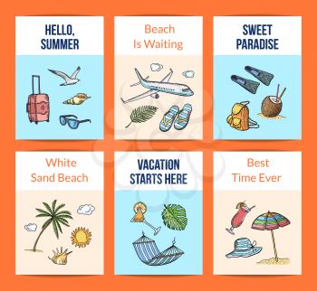 Vector hand drawn summer travel elements card templates set illustration. Summer travel card, exotic palm and vacation