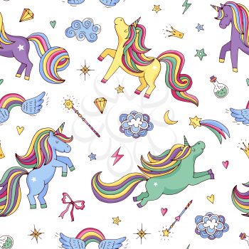 Vector cute hand drawn magic unicorns and stars pattern or background illustration. Unicorn and magic pony with horn