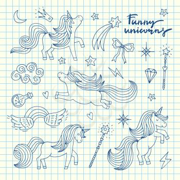 Vector cute hand drawn magic unicorns and stars set on blue cell sheet background illustration. Magic unicorn fairytale fantasy, doodle horse freehand