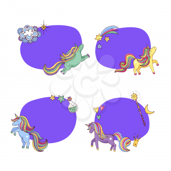 Vector cute hand drawn magic unicorns and stars illustration isolated on white background