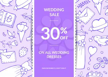 Vector doodle wedding elements sale poster or background with ribbon and shadows illustration