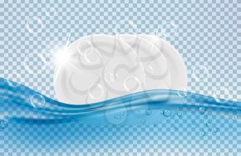 Clean dishes. White plates, water and soap bubbles vector illustration. Dish wash, utensil and bubble soap