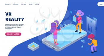 Virtual reality web page. Augmented reality isometric vector concept. Modern person character design. Virtual reality, vr web page, smart isometric gadget illustration