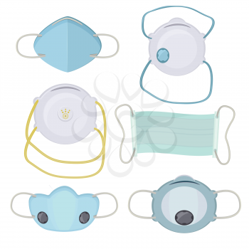 Pollution mask. Hospital protection respiration masking face industrial air breath vector cartoon collection. Medical mask again pollution for hospital illustration