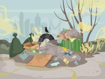 Waste smell. Toxic junk mountain garbage bad environment dump smell clouds vector background. Illustration landfill dirty problem, industry chaos rubbish