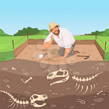 Archaeology character. Man discovery underground geology digging dinosaur bones in soil layers history landscape vector background. Illustration excavation archaeological, discovery archeology