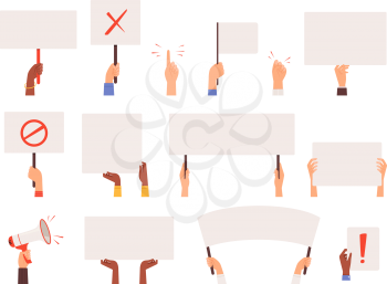 Protesters banners. Holding hands politics picket blank signs manifestation vector collection. Manifestation protest, holding demonstration placard illustration
