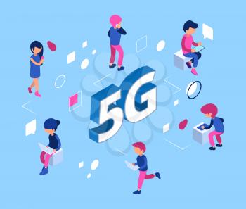 5G network concept. Isometric 5g wifi net. Vector 3D people with smartphones, laptops, tablets. Communication between different laptop and gadget 5th generation wifi illustration