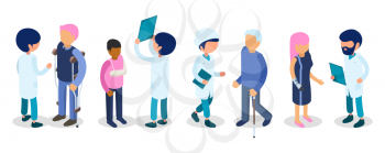 Doctors, disabled people. Disabilities persons isometric. Injury invalids defective men women kid, medical staff vector 3d people. Doctors and disabled people illustration