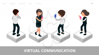 Virtual communication landing. Social media, mobile chat vector illustration. Modern isometric business characters with smartphones. People communication social, digital and virtual