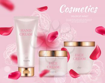 AD cosmetics poster. Realistic cream packaging, flying roses petals. Vector cosmetic background. Cosmetic cream bottle product, container skincare package illustration