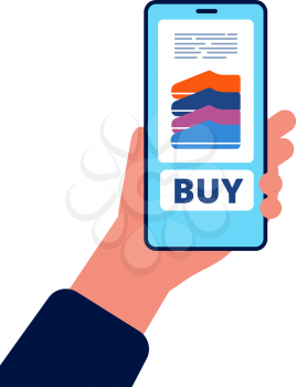 Online shopping. Hand holding smartphone press button to check out product online purchasing buying vector concept. Mobile phone screen with button buy illustration