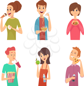 People eating. Healthy food male and female eating and drinking person outside vector characters. Man and woman eating unhealthy food illustration