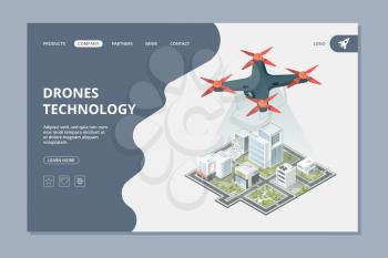 Drones technology. Landing smart city isometric flying digital camera urban landscape vector web layout. Illustration isometric drone with camera and innovation city