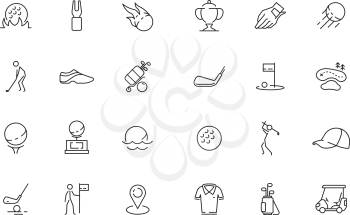 Golfing icon. Sport club vector symbols bag with sticks rockets mini golf balls car. Golf car, sport game set icons illustration