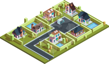 Cottage village isometric. Suburban modern residential houses townhouses in small town with infrastructure vector isometric map. Illustration 3d building isometric, city architecture