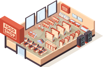 Grocery shop interior. Supermarket indoor furniture checkout tables shelves products shopping carts vector isometric store equipment. 3d supermarket isometric, fridge and equipment illustration