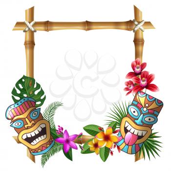 Tiki mask and frame. Hawaii authentic background bamboo square sticks exotic flowers and plants wooden totem vector cultural object. Tiki mask hawaii, hawaiian exotic frame illustration