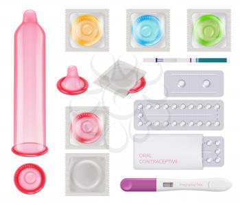 Contraceptive. Condoms female pregnancy test ovulation calendar pills contraception methods vector realistic pictures. Condom packaging, pack protection, package contraceptive illustration
