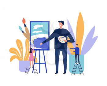 Art therapy concept. Artist paints picture. Flat vector male artist character and tiny people with art equipment illustration. Art therapy, paint drawing, artistic hobby