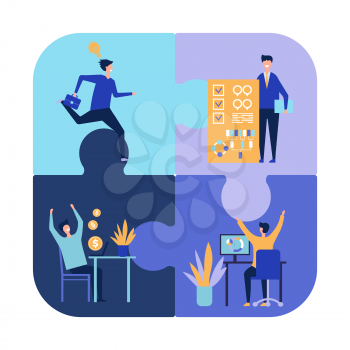 Collaboration concept. Successful teamwork vector illustration. Flat businessmen characters, realization of ideas. Brainstorming and creative puzzle idea project
