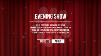 Closed curtains. Red satin theater curtains background. Show time vector banner template, entertaiment landing page. Curtain red for entertainment performance illustration