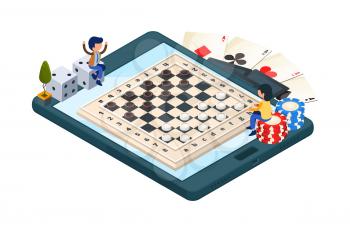Online board game. Isometric phone with checkers game. Vector gamers characters, dice, cards. Illustration checkers championship online