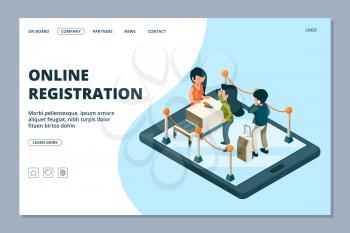 Online registration landing page. Isometric front desk, passengers with luggage. Airport online services vector concept. Illustration of online electronic check to travel