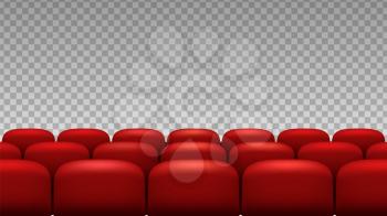 Rows seats. Red theater movie opera seats isolated on transparent background. Vector chairs backdrop to premiere event in theater, auditorium cinema interior illustration