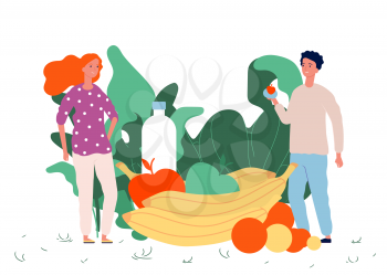 Healthy food concept. Vegan lifestyle vector illustration. Fresh fruits greens and happy tiny people characters. Eco food, healthy lifestyle. Vegetarian nutrition, fruit diet, healthy illustration