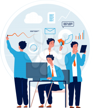 Multitask concept. Businessman making different deals and goals busy manager in action urgent tasks vector characters. Multitasking busy work person, illustration job multi task