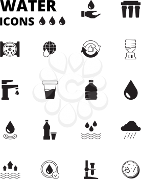 Water drops icon. Refreshing liquids recycling rain plastic bottles with fresh drinks splashes cooler vector symbols set. Illustration liquid water, purified and clean aqua