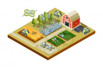 Smart farm buildings. Big household agriculture machinery feed tractors harvesters working field automatical control vector isometric. Smart farm technology, building and field illustration