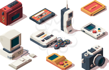 Retro devices. Cell phone old smartphone cameras photo vhs music and game console player computer vector isometric collection. Electronic gadget vhs diskette, multimedia camera vintage illustration