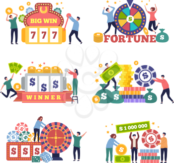 Lottery concept. Characters casino games bingo lucky gambling poker playing prize vector flat pictures. Illustration winner and lottery, game gamble poker