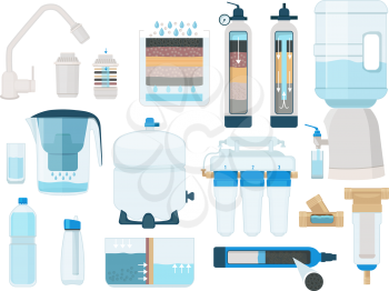 Treatments water. Home systems for fresh liquid pure water filtration mineral drinks pipe bottles tanks cleaning processes vector. Illustration water filtration, treatment filtering and purity