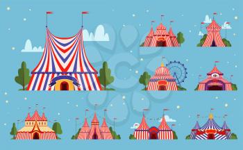 Circus tent. Festival events or party park tent with stripe lines borders vector illustrations. Arena circus, outdoor awning for festival