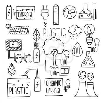 Energy doodles. Electricity green generation fuel storage plant extension flames buildings factory vector icons. Generation green production sketch, electricity industry eco illustration