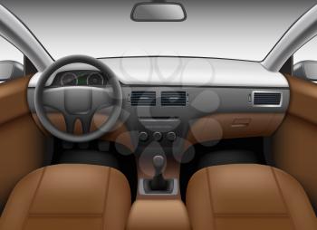 Automobile salon. Car interior template with leather seats and wheel colored dashboard mirror vector realistic picture. Illustration interior automobile, car panel dashboard