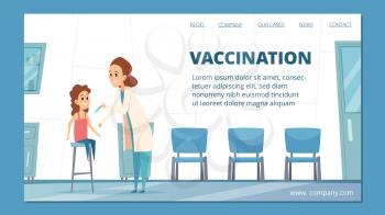 Vaccination banner. Kids vaccination, immunization vector concept. Cartoon doctor pediatrician inoculates child illustration. Health vaccination doctor, immunization in clinic